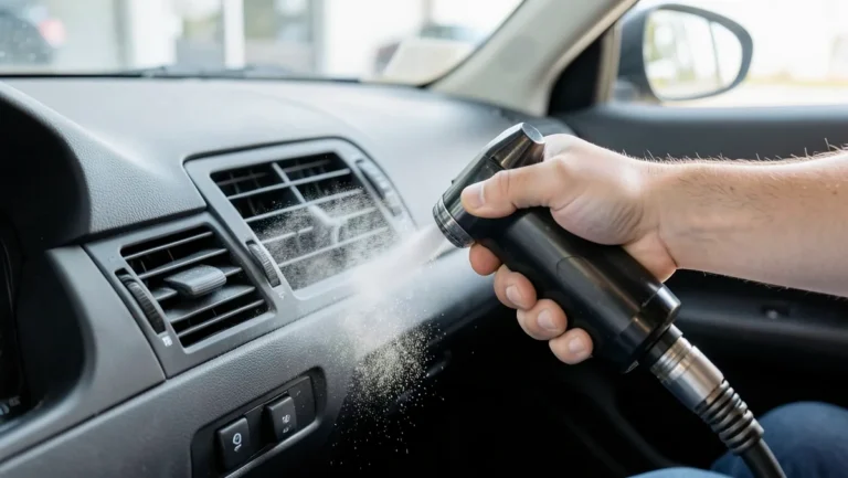 Detailer using a high-pressure air blow gun to clean dust out of a car dashboard vent