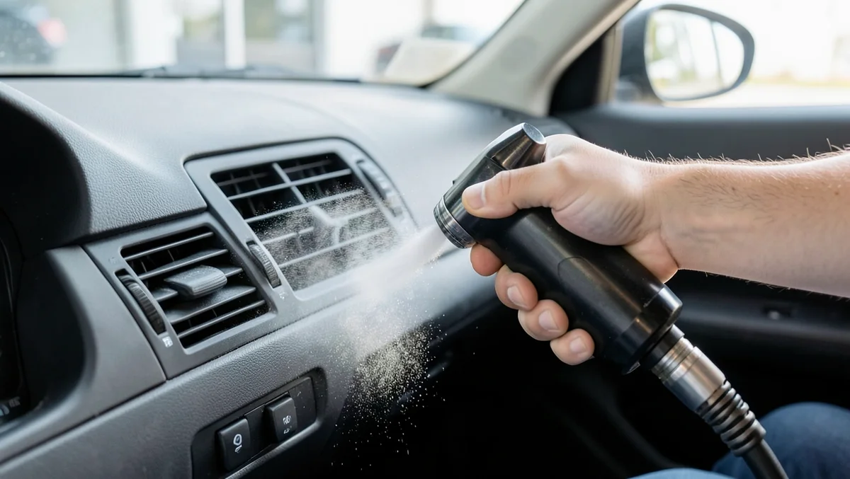 Detailer using a high-pressure air blow gun to clean dust out of a car dashboard vent
