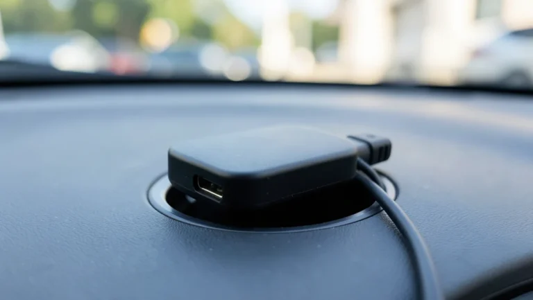 Small black Bluetooth AUX adapter plugged into a car's dashboard aux port