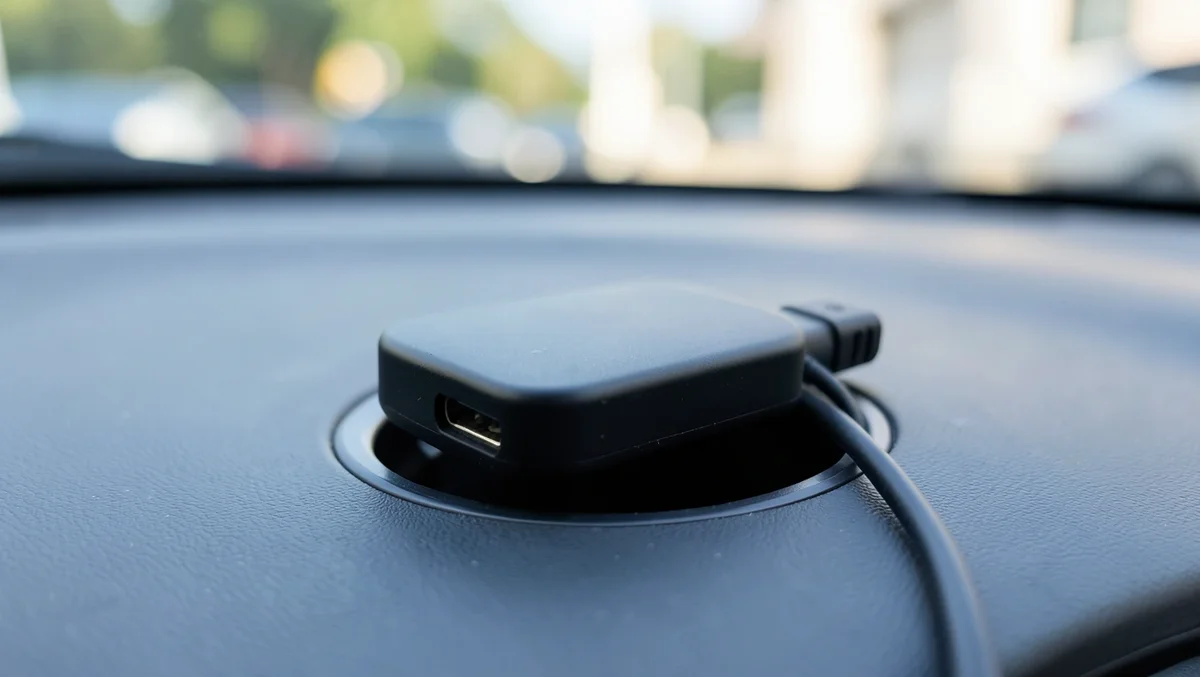 Small black Bluetooth AUX adapter plugged into a car's dashboard aux port