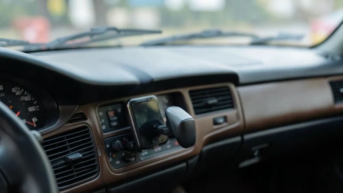 Early 2000s car dashboard with a simple hands-free phone cradle mount, representing the first Bluetooth-era car phone systems
