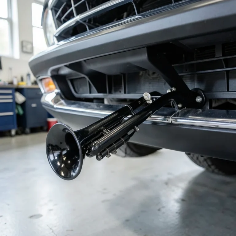 Dual trumpet air horn mounted under a car front bumper