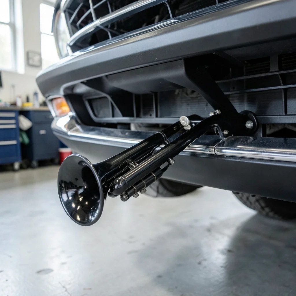 Dual trumpet air horn mounted under a car front bumper