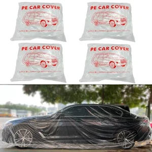 Bocarmo 4 Pack Disposable Clear Plastic Car Cover with elastic band, packaging shown