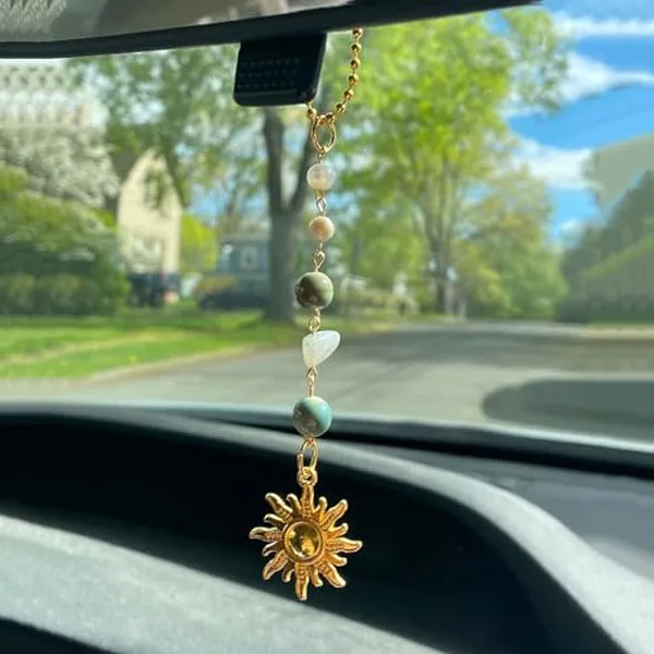 Green and gold boho sun hanging car charm with crystal beads for rearview mirror