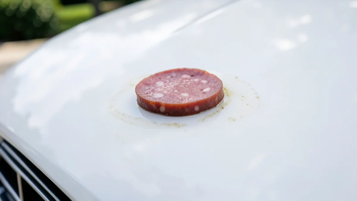 Slice of bologna lunch meat left on a car hood's glossy white paint with a greasy ring forming around it