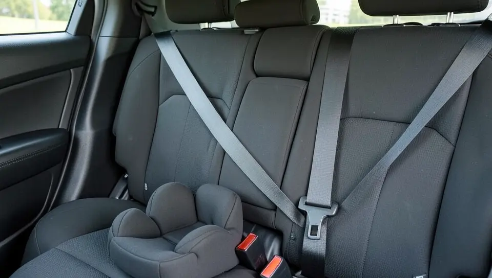 Booster seat in a car back seat with the lap and shoulder belt correctly positioned