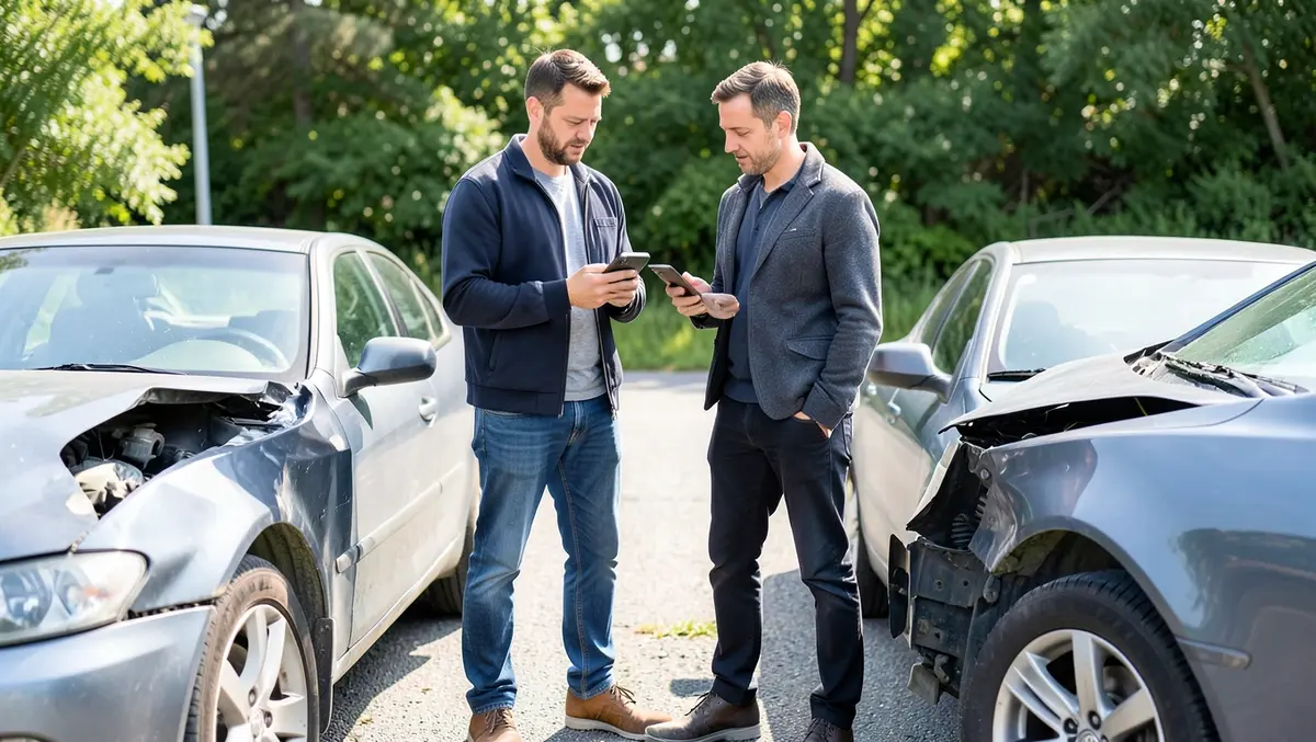 Two drivers exchanging insurance information after a minor accident involving a borrowed car