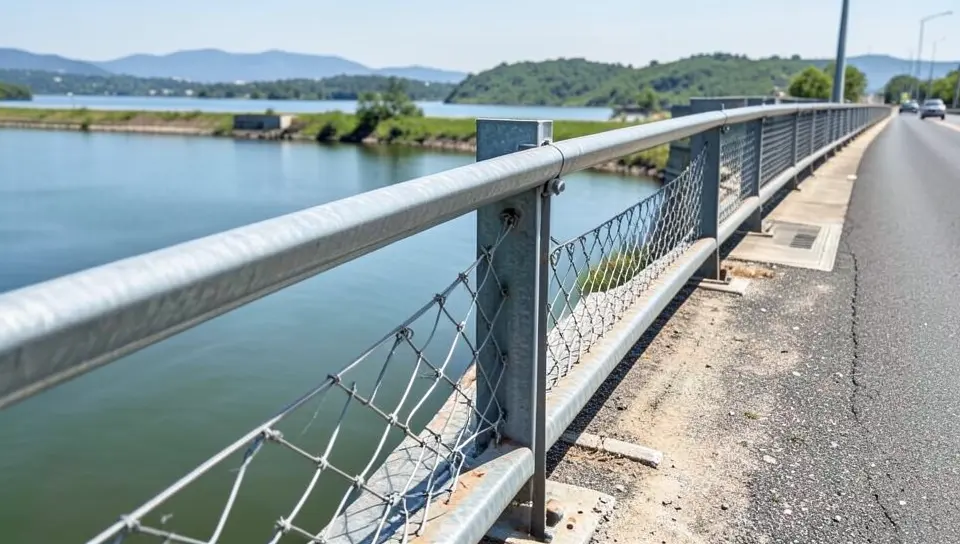 Steel guardrail and cable safety barrier along a highway bridge roadway