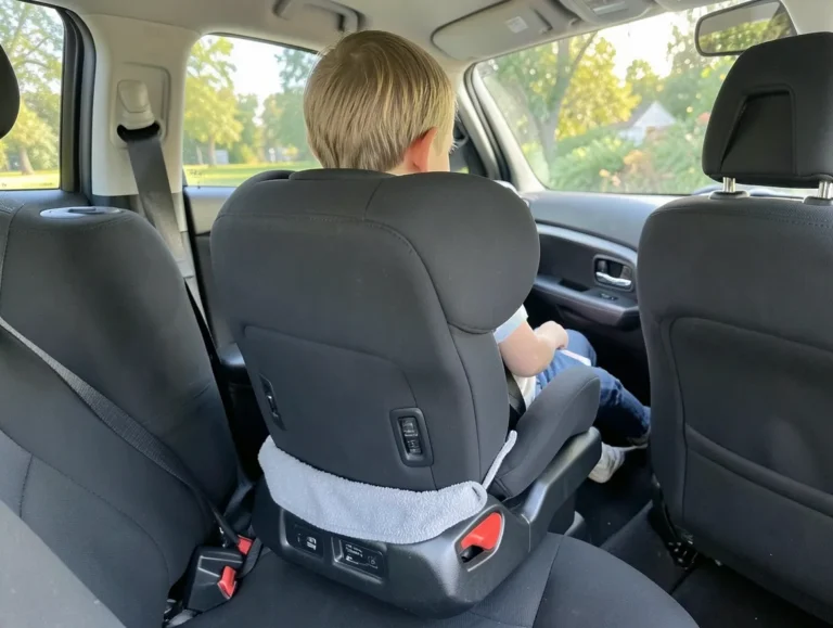 Rear-facing child car seat installed in a car with a protective liner visible underneath
