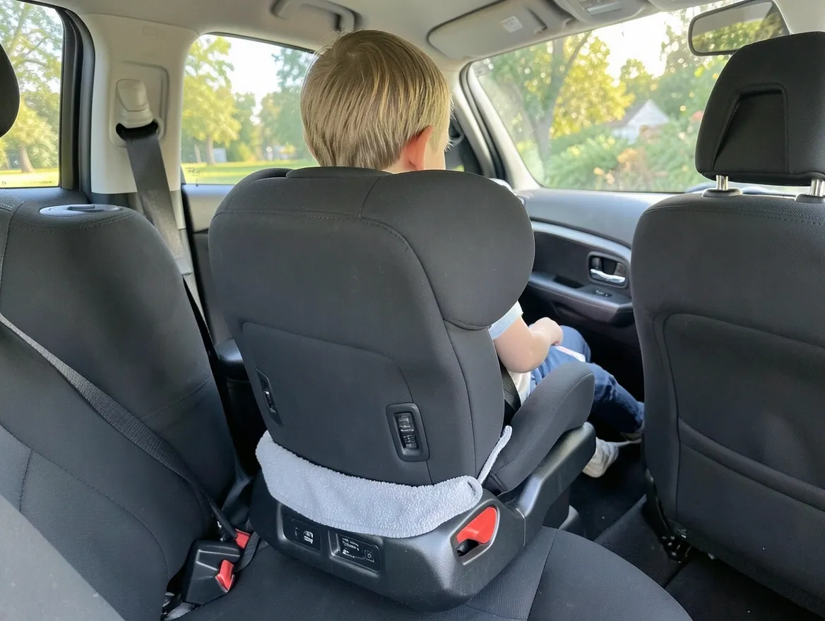 Rear-facing child car seat installed in a car with a protective liner visible underneath