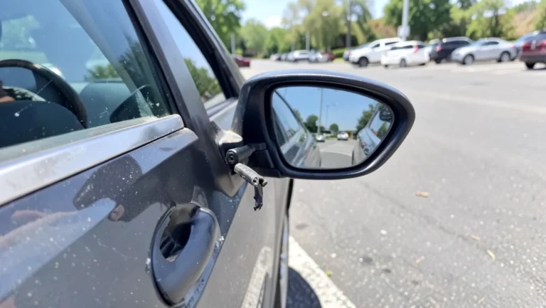 Close-up of a car side mirror hanging loose from a broken mount, showing why a temporary fix is needed