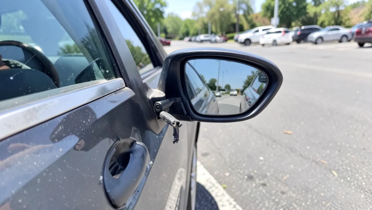 Close-up of a car side mirror hanging loose from a broken mount, showing why a temporary fix is needed