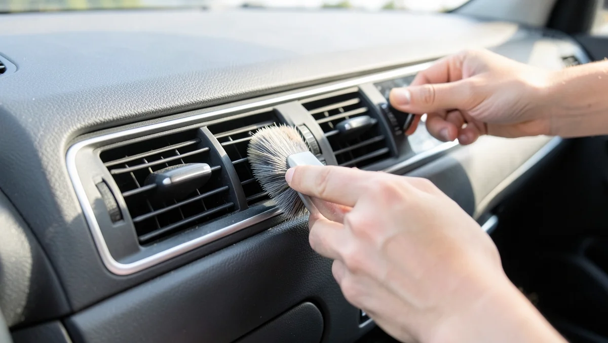 Detailing brush being used to clean dust out of a car dashboard air vent