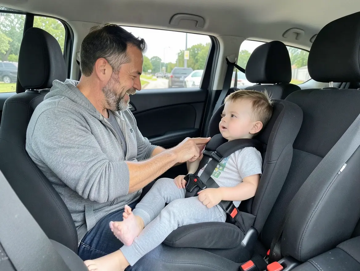 Parent securing a young child into a forward-facing convertible car seat in the back seat of a rideshare vehicle