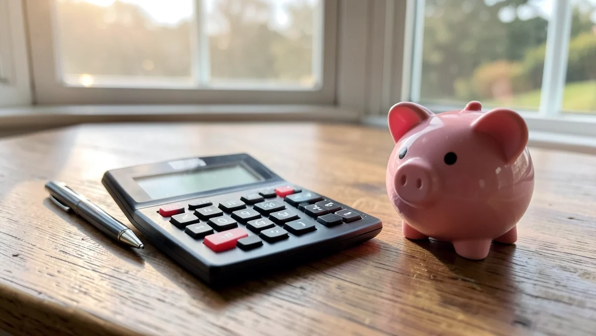 A calculator, pen, and piggy bank on a desk representing personal budgeting after paying off a car loan