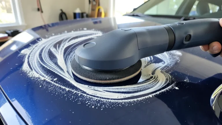 Random orbital dual-action polisher buffing swirl marks and light scratches out of a car hood