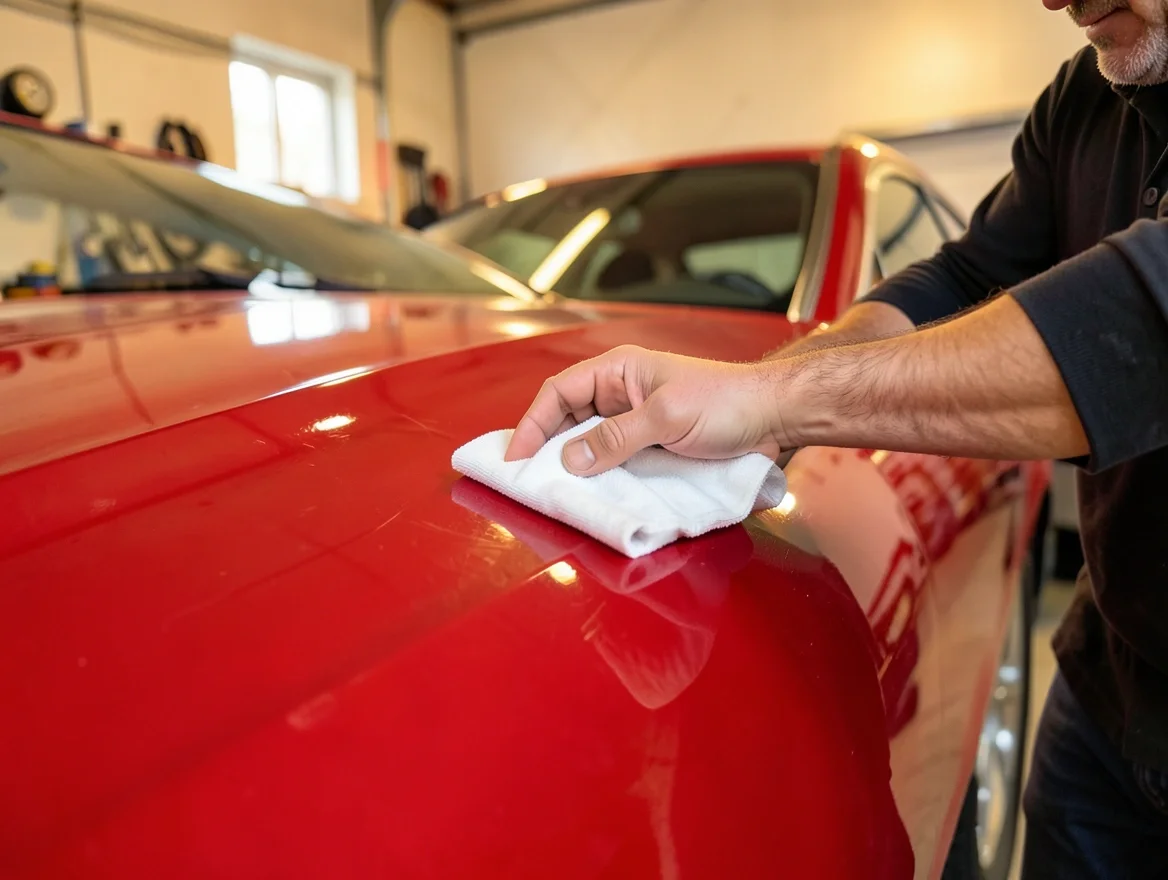 Buffing a car's paint with a clean microfiber cloth after applying protectant