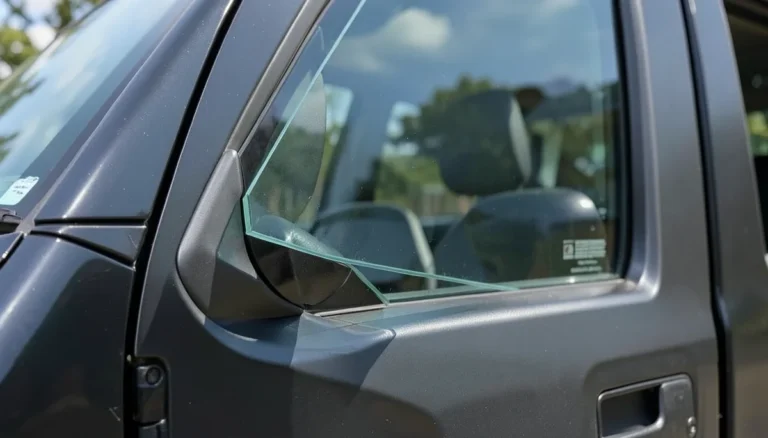 Close-up of thick multi-layer ballistic-resistant glass installed in an armored SUV door window