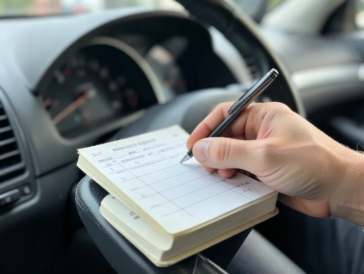 Hand writing trip details into a paper mileage logbook resting on a car dashboard
