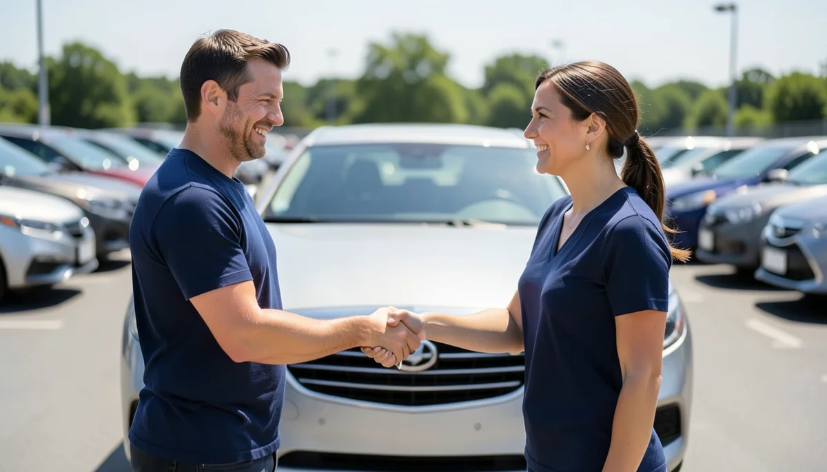 Buyer and seller shaking hands and exchanging a car key at a used car lot after buying a donated car