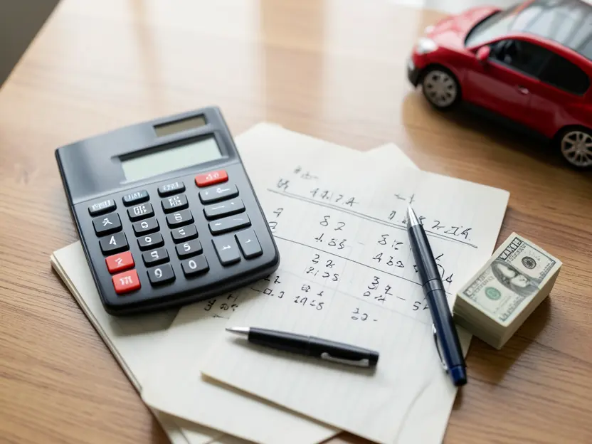 Calculator, notes, and cash used to work out an affordable car down payment amount