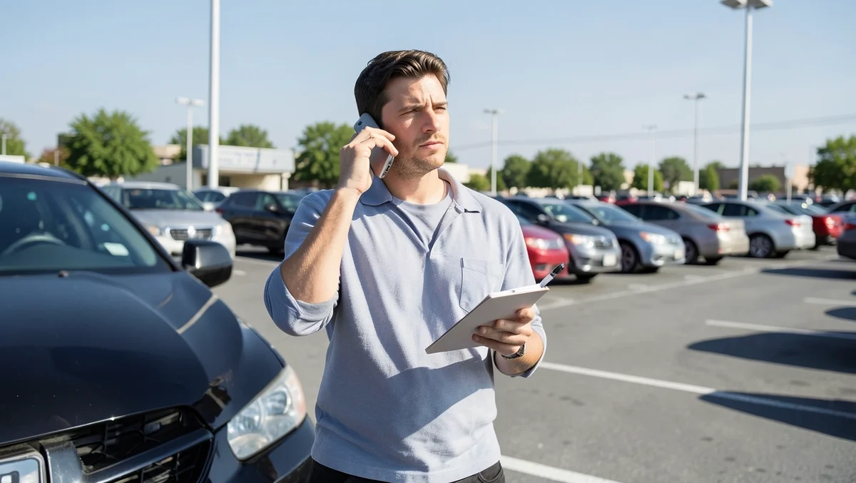 A driver on the phone with a notepad in hand standing beside cars in a parking lot