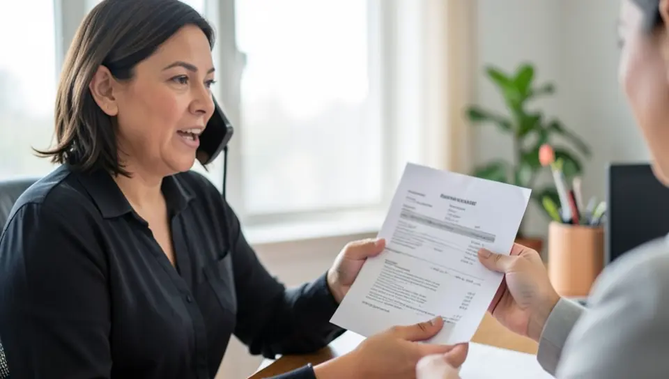 Woman on the phone with her lender while holding a car loan payment document