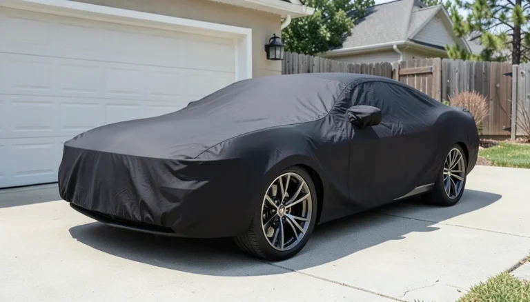 Chevy Camaro parked in a driveway fully wrapped in a black outdoor car cover