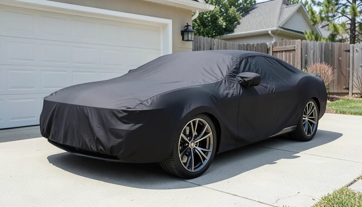 Chevy Camaro parked in a driveway fully wrapped in a black outdoor car cover