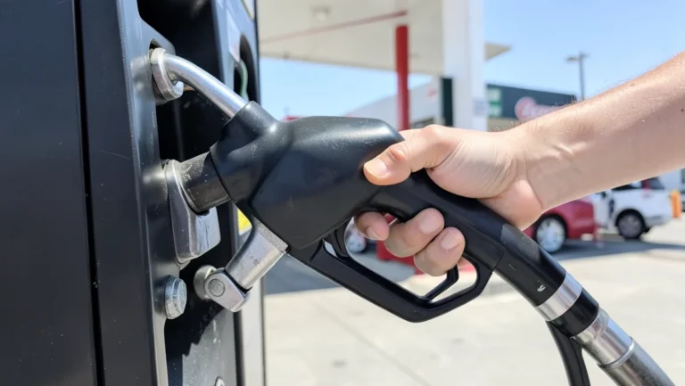 Filling a car with gasoline at a fuel pump nozzle