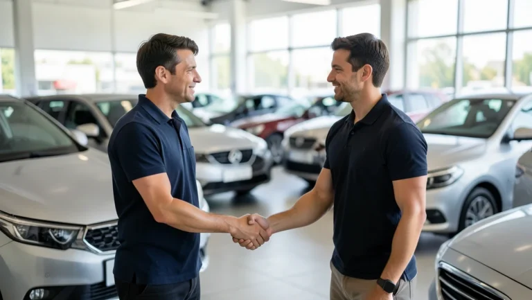 Car buyer shaking hands with a salesperson in a dealership showroom after discussing a new car purchase