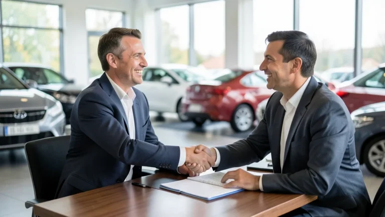 Car buyer and dealership manager shaking hands over a signed purchase agreement in a dealership showroom