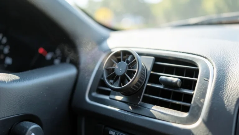Small 12V clip-on cooling fan mounted on a car dashboard air vent