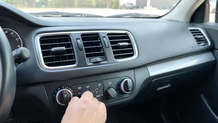 Car dashboard HVAC controls and air vents with hand adjusting the climate control dial