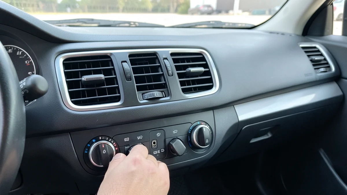Car dashboard HVAC controls and air vents with hand adjusting the climate control dial