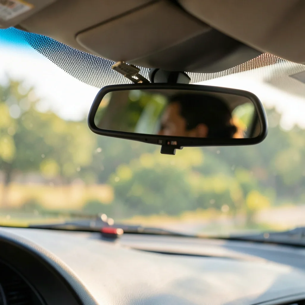 Driver view of a car rearview mirror mounted below the windshield with the mirror area accessories attach to