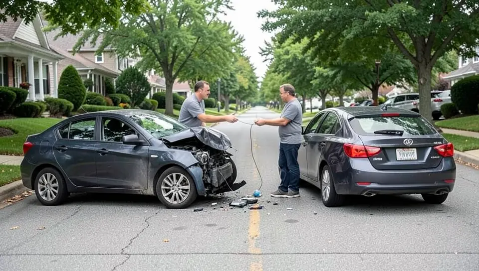 Two drivers exchanging insurance information after a car accident