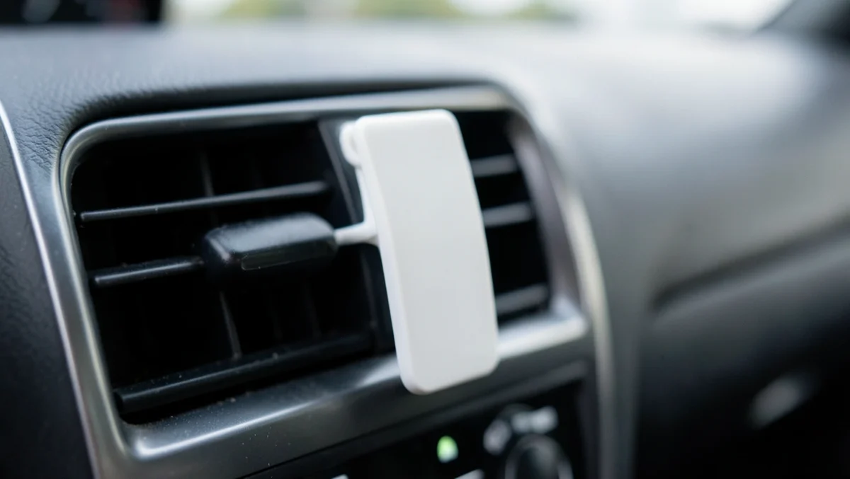 Plain vent-clip style car air freshener attached to a dashboard air vent