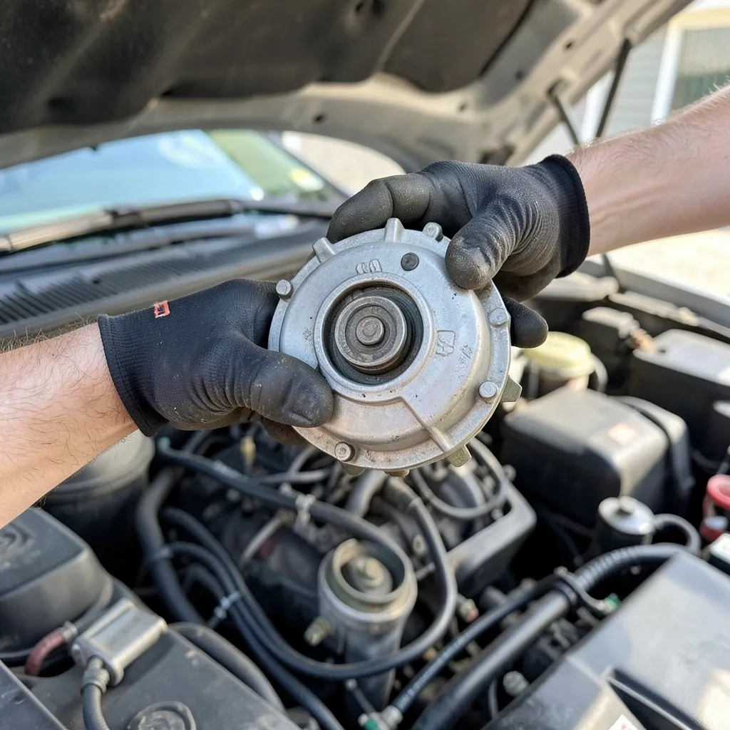 Mechanic holding a car alternator above an open engine bay before installing it