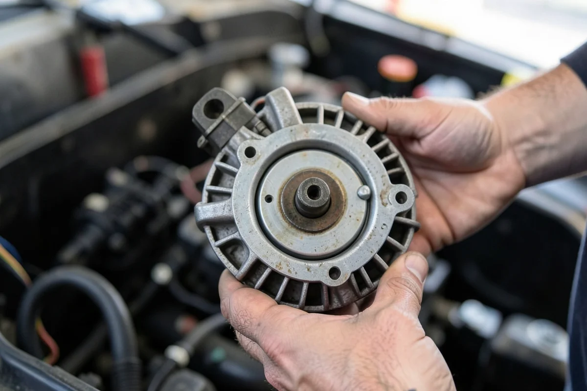 Car alternator removed from the engine bay for inspection, showing the cooling fins and rear housing