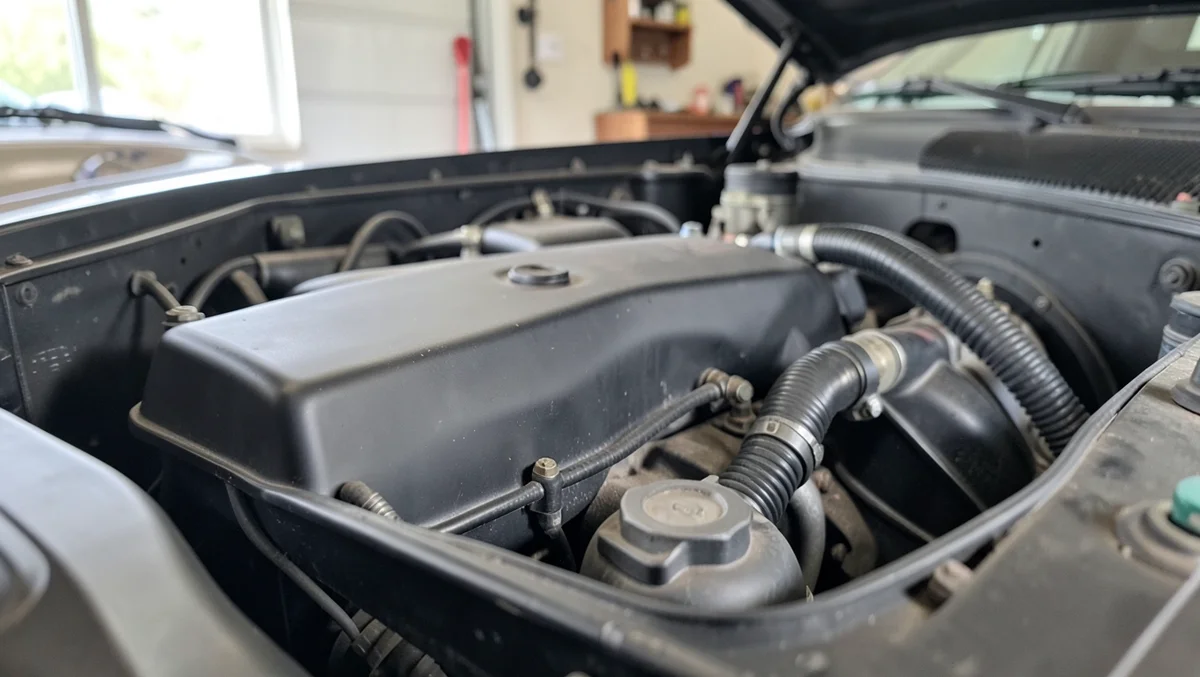 Open car engine bay during a DIY alternator replacement job in a home garage