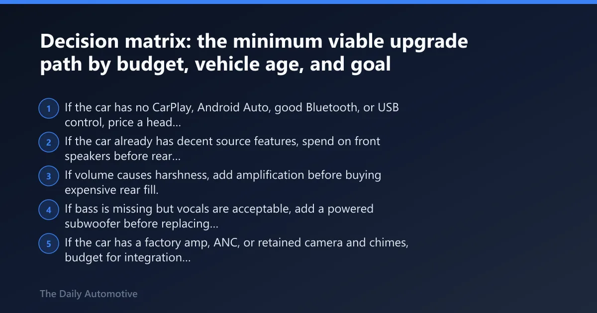 Steps: Decision matrix: the minimum viable upgrade path by budget, vehicle age, and goal