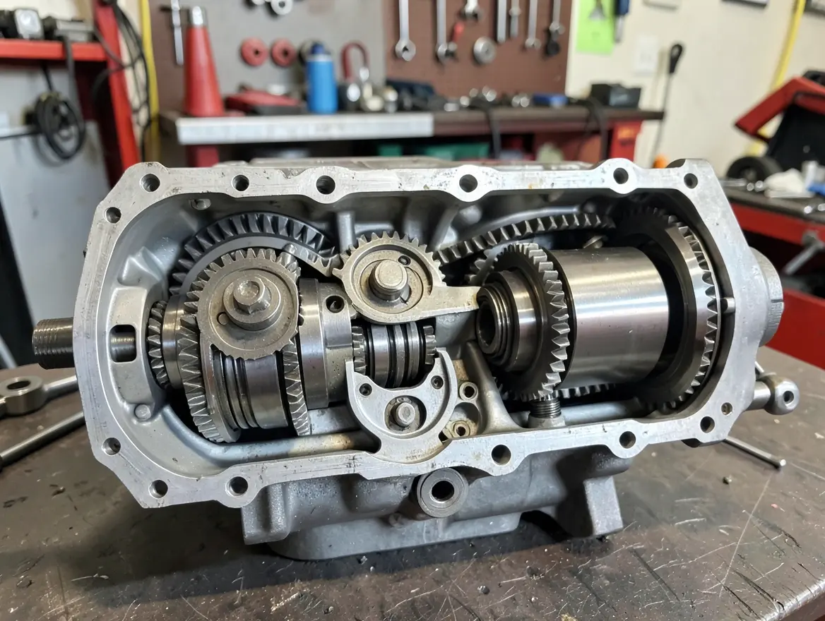 Cutaway view of a car automatic transmission gearbox showing internal gear sets