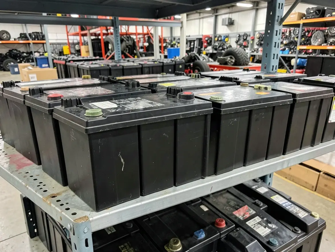 Rows of car batteries on a shelf in an auto parts warehouse