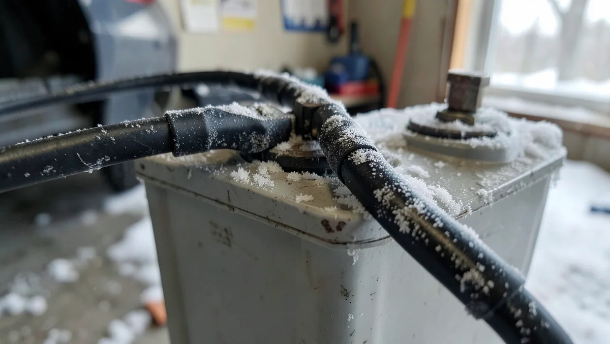 Jumper cable clamps attached to a frost-covered car battery in a cold garage