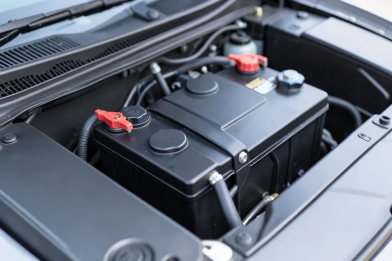 Close-up of a 12V car battery installed in an engine bay with red and black terminal clamps attached