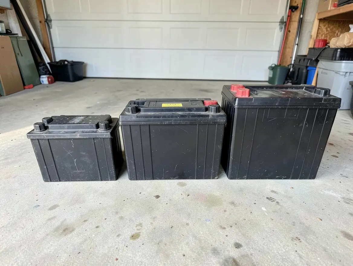 Three car batteries of different group sizes lined up for a size comparison