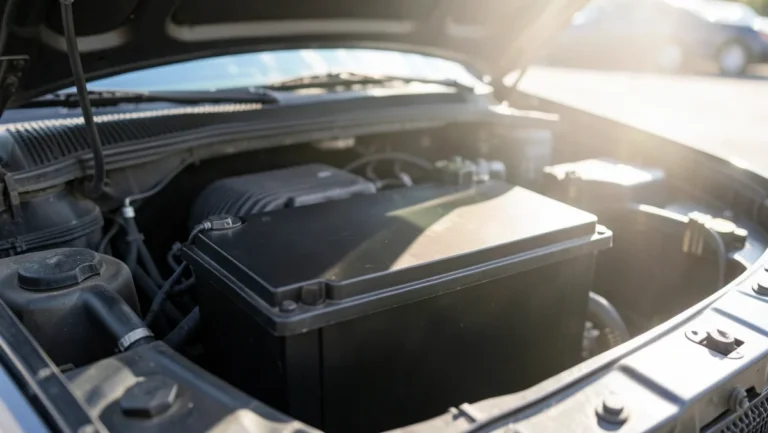 Close-up of a car battery in an engine bay under strong sunlight, illustrating heat exposure