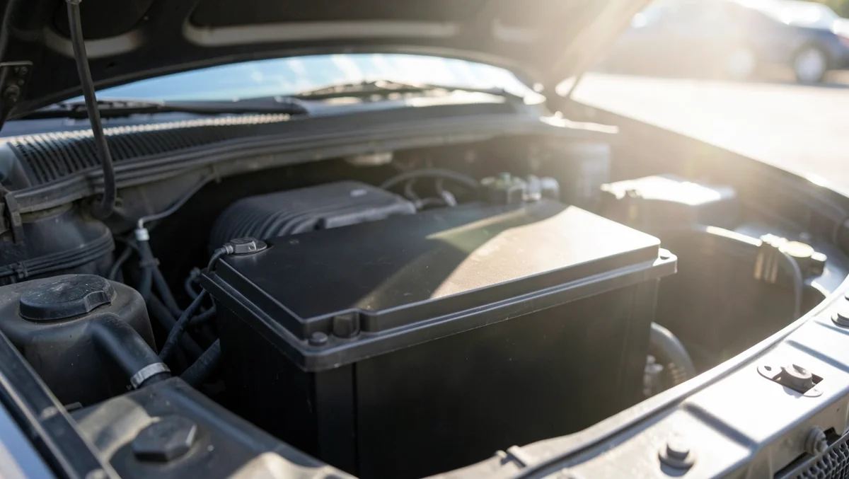 Close-up of a car battery in an engine bay under strong sunlight, illustrating heat exposure